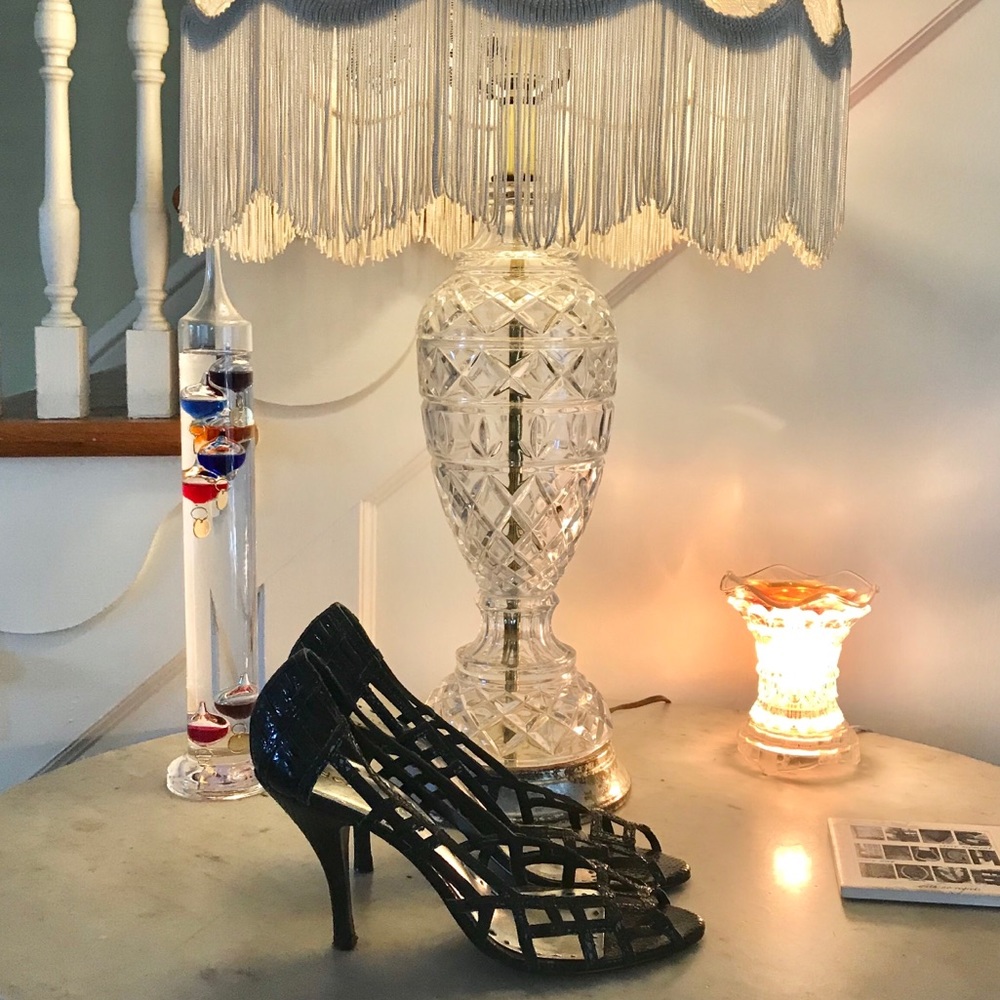 BCBG Caged Black Peep Toe High Heels